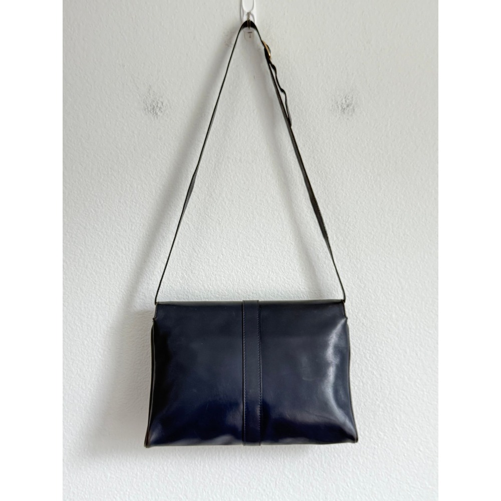 Vintage Salvatore Ferragamo Shoulder Bag Medium Navy Blue Leather Gold Hardware - Picture 10 of 11